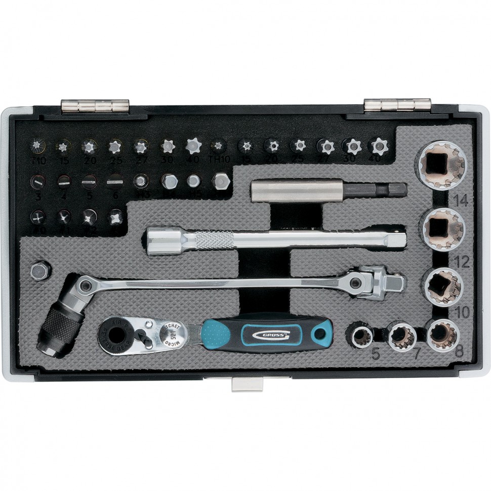 Набор бит и головок торцевых + карданный ключ/трещотка/адаптер 37 предметов GROSS 11625