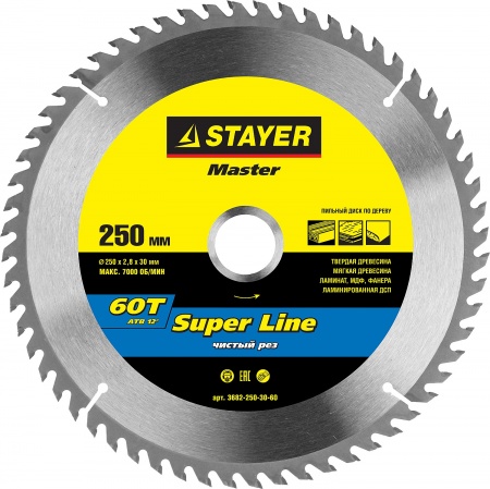 Диск пильный по дереву 250*30мм 60Т STAYER MASTER SUPER-Line 3682-250-30-60