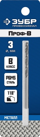 Сверло по металлу 3,0*61мм Р6М5 класс В ЗУБР ПРОФ-В 29621-3
